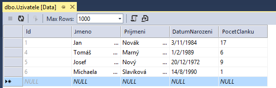 Uživatelé v MS-SQL tabulce - MS-SQL databáze krok za krokem