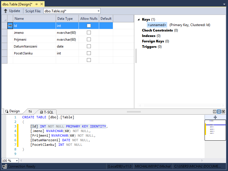 Vytvoření tabulky v Visual Studio - MS-SQL databáze krok za krokem