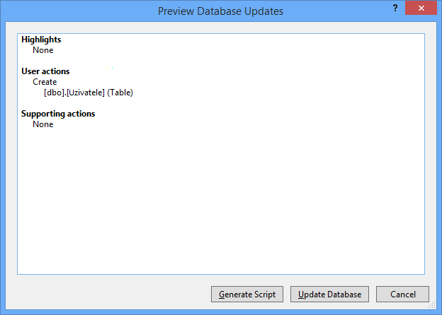 Dialog se sohrnem změn v databázi - MS-SQL databáze krok za krokem