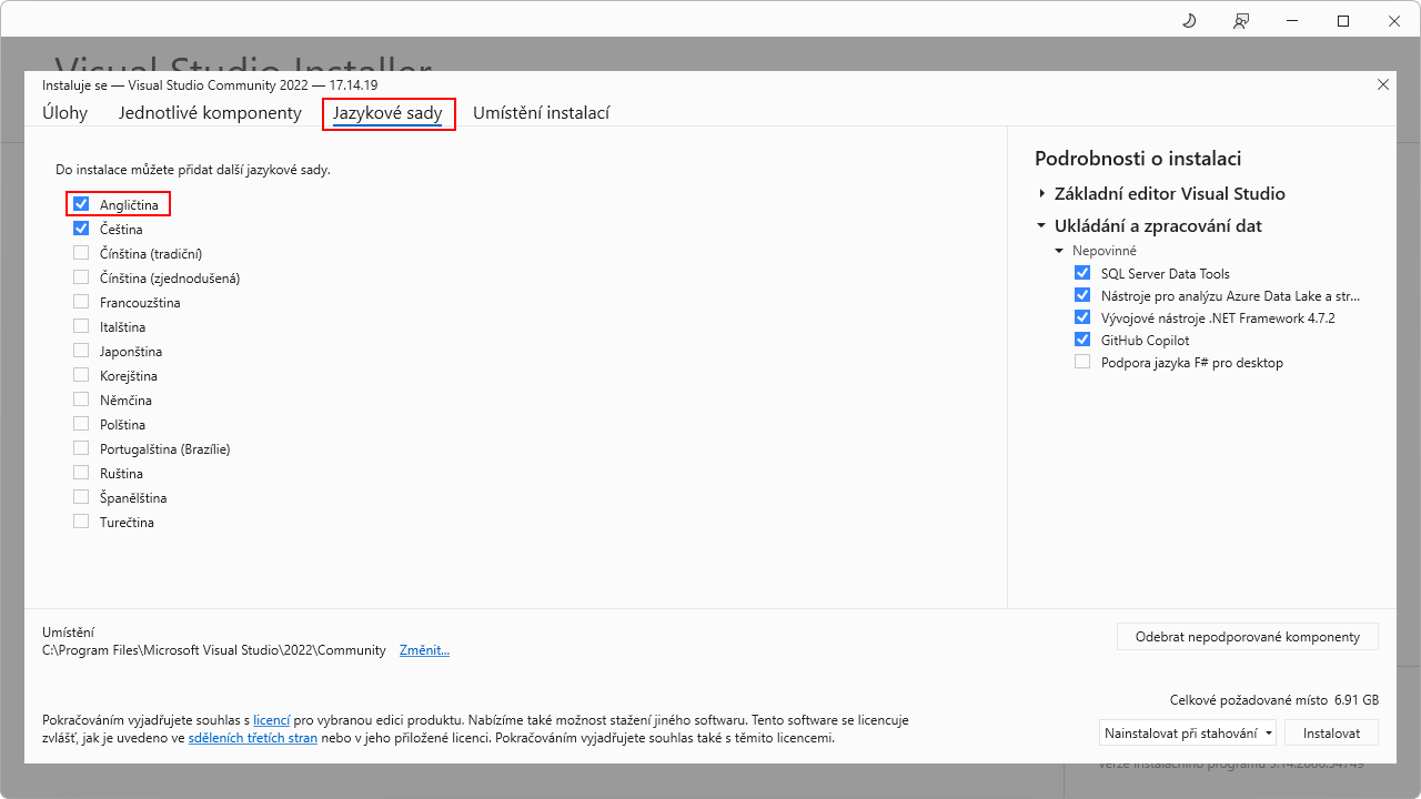 Výběr angličtiny ve Visual Studio Installer - MS-SQL databáze krok za krokem