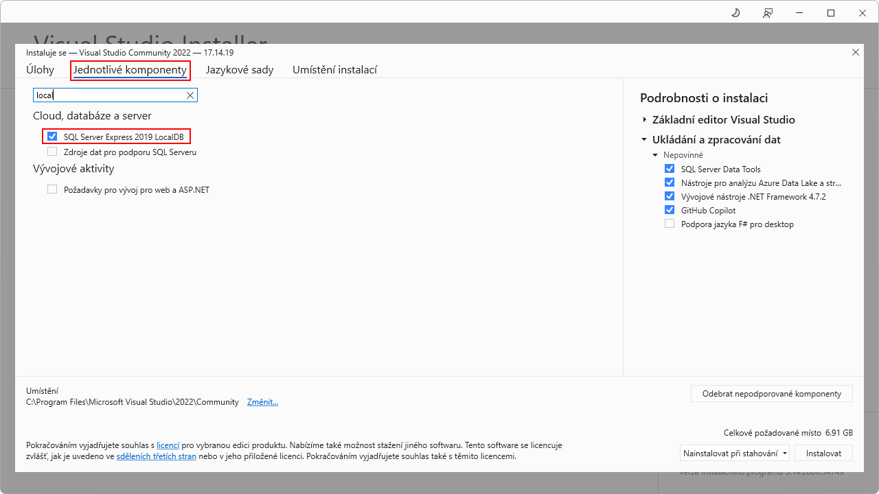 Výběr LocalDB ve Visual Studio Installer - MS-SQL databáze krok za krokem
