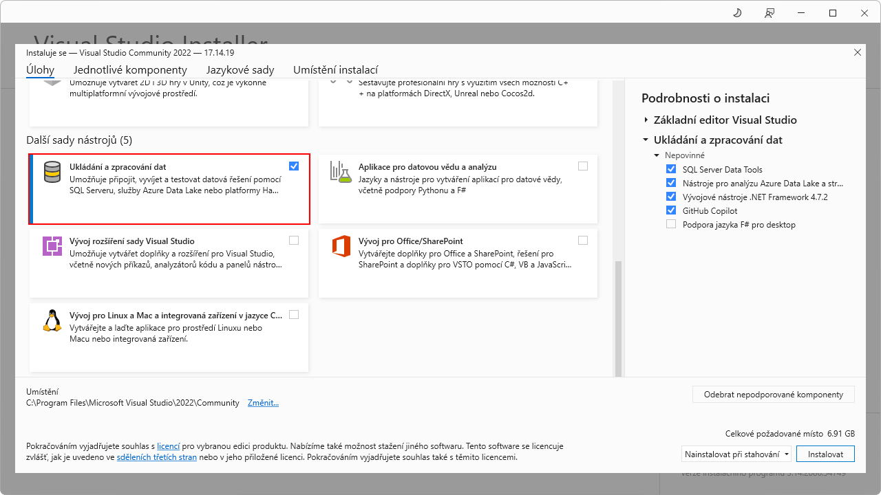 Výběr sady ve Visual Studio Installer - MS-SQL databáze krok za krokem
