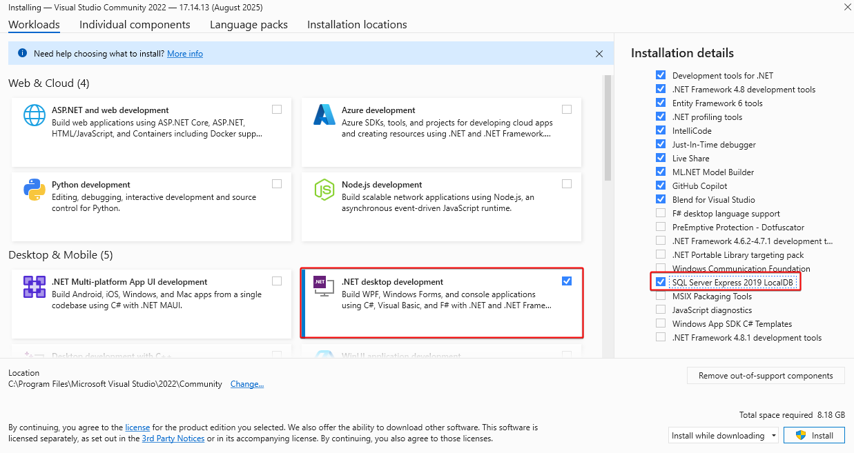 Volba instalace .NET a LocalDB - MS-SQL databáze krok za krokem
