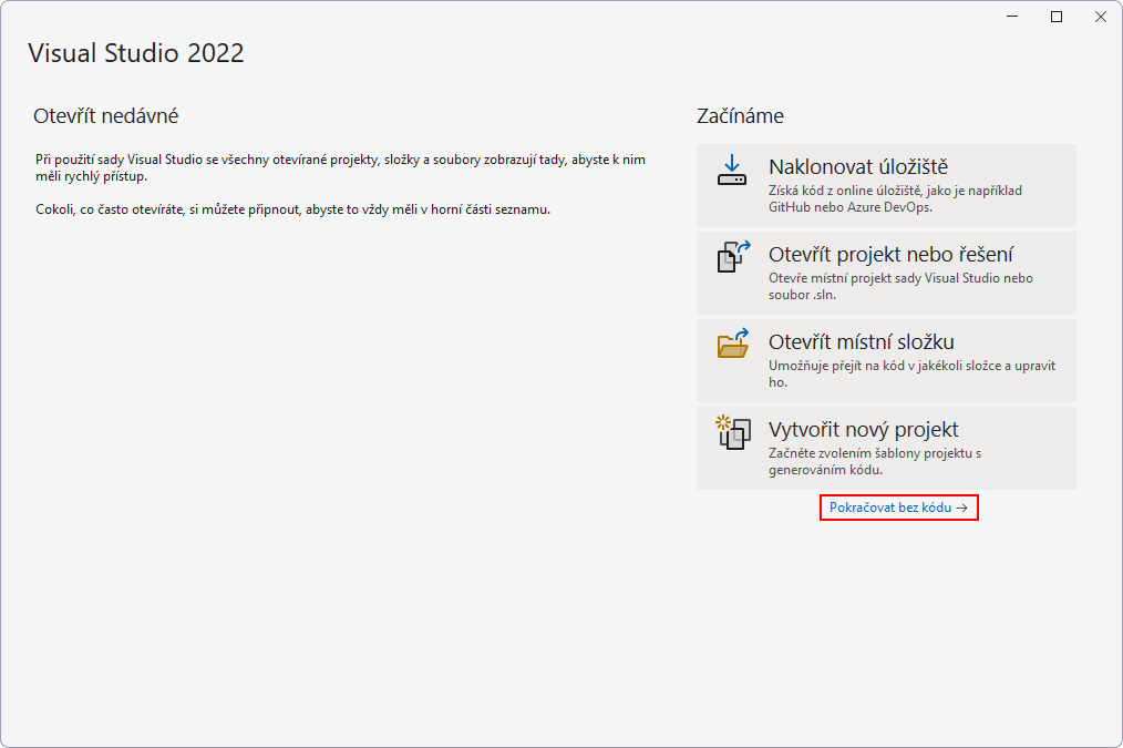 Úvodní obrazovka Visual Studia v češtině - MS-SQL databáze krok za krokem