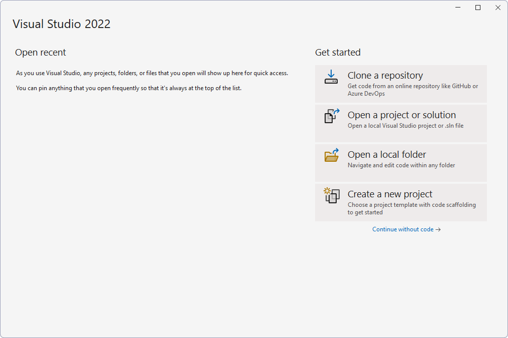 Úvodní obrazovka Visual Studia v angličtině - MS-SQL databáze krok za krokem