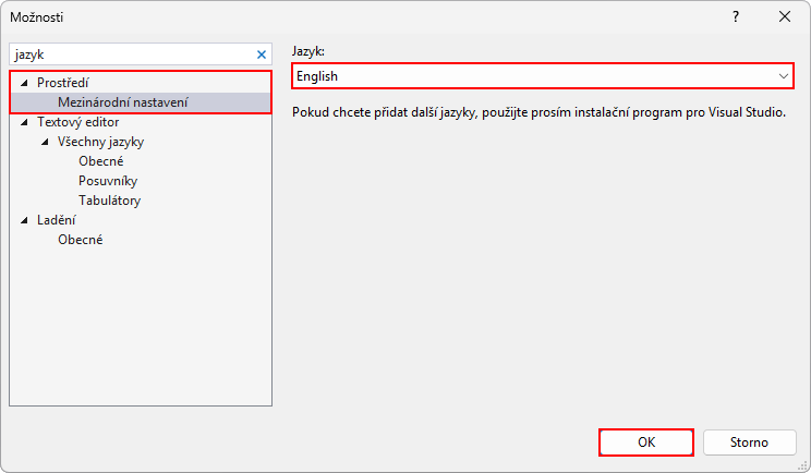 Změna jazyka ve Visual Studiu - MS-SQL databáze krok za krokem