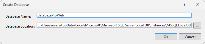 Dialog vytvoření nové databáze - MS-SQL databáze krok za krokem