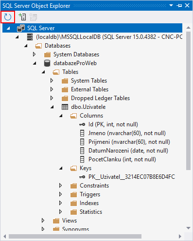 Nová tabulka v SQL Server Object Explorer - MS-SQL databáze krok za krokem