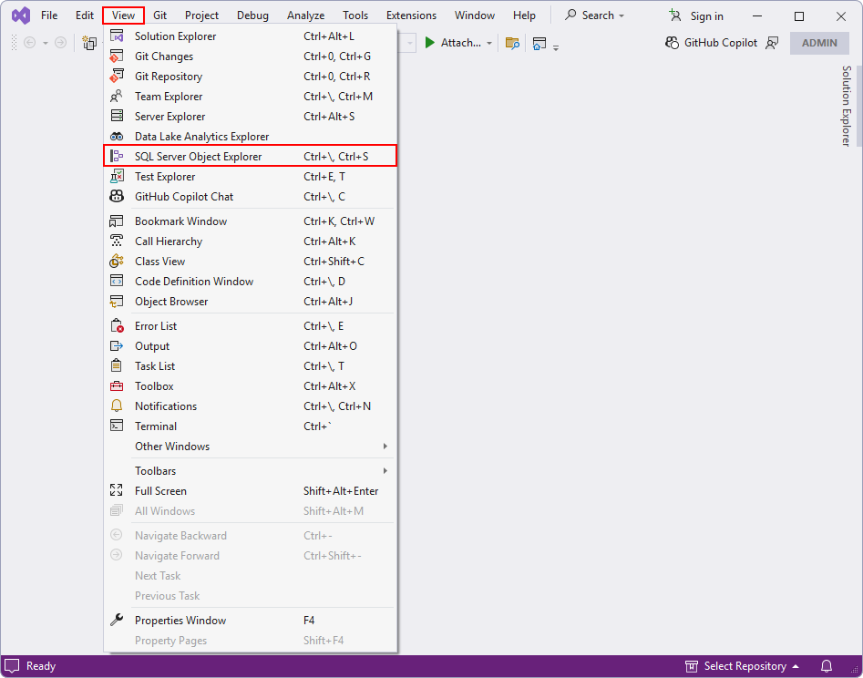 Otevření SQL Server Object Explorer - MS-SQL databáze krok za krokem