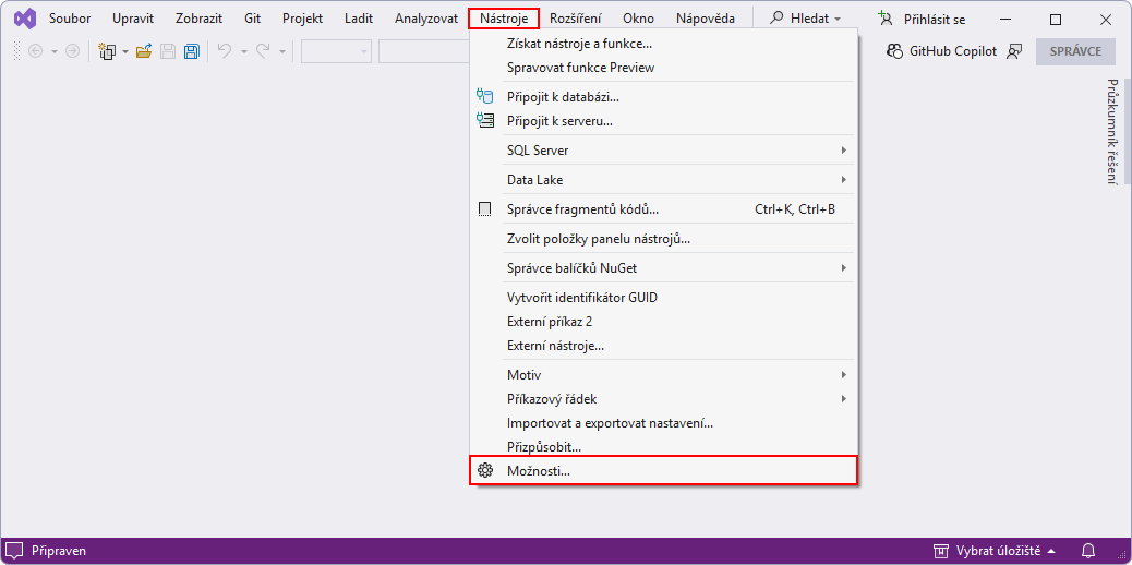 Zobrazení nastavení Visual Studia - MS-SQL databáze krok za krokem