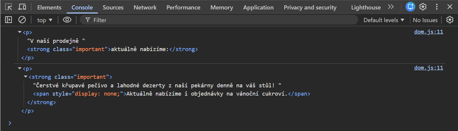Výpis elementů `p` v konzoli google Chrome - Základní konstrukce jazyka JavaScript