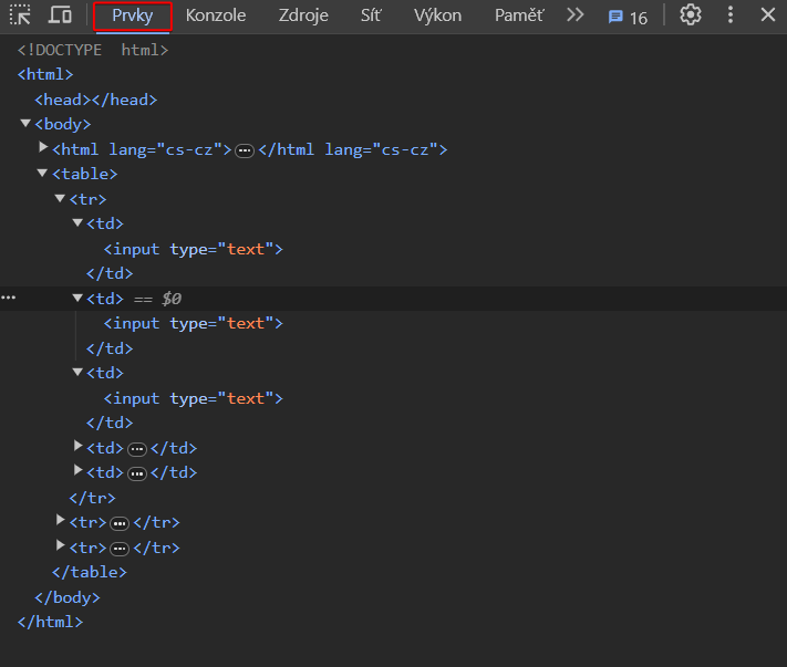 Zobrazení struktury vytvořené tabulky v konzoli - Základní konstrukce jazyka JavaScript