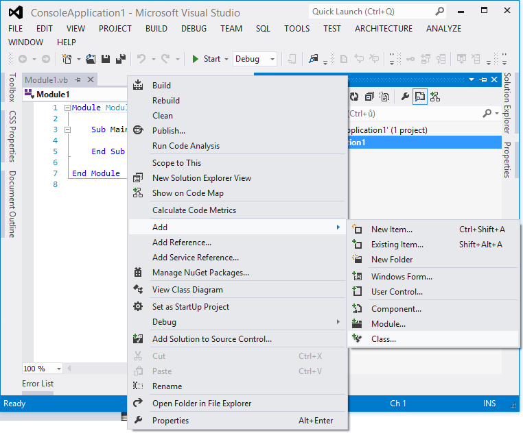 Přidání nové třídy class k Visual Basic projektu ve Visual Studio - Objektově orientované programování ve Visual Basic .NET