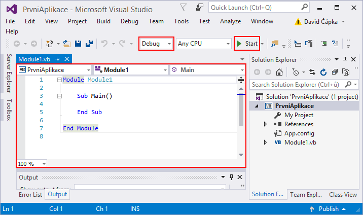Okno Visual Studia - Základní konstrukce jazyka Visual Basic (VB.NET)