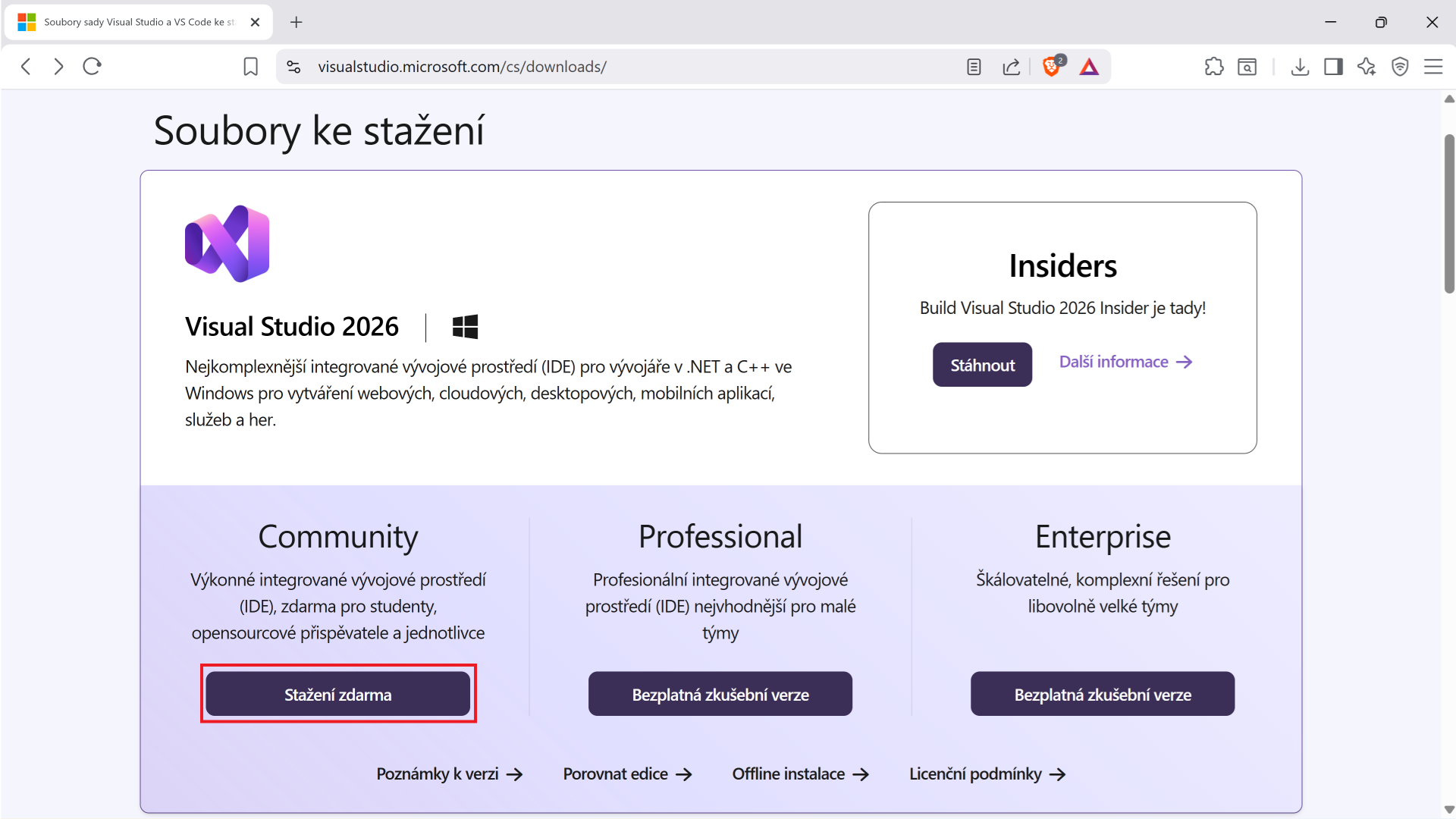 Stažení Visual Studio Community - MS-SQL databáze krok za krokem