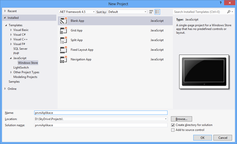 Nový projekt typu Blank Page - Tvorba Windows 8 store aplikací v JavaScriptu