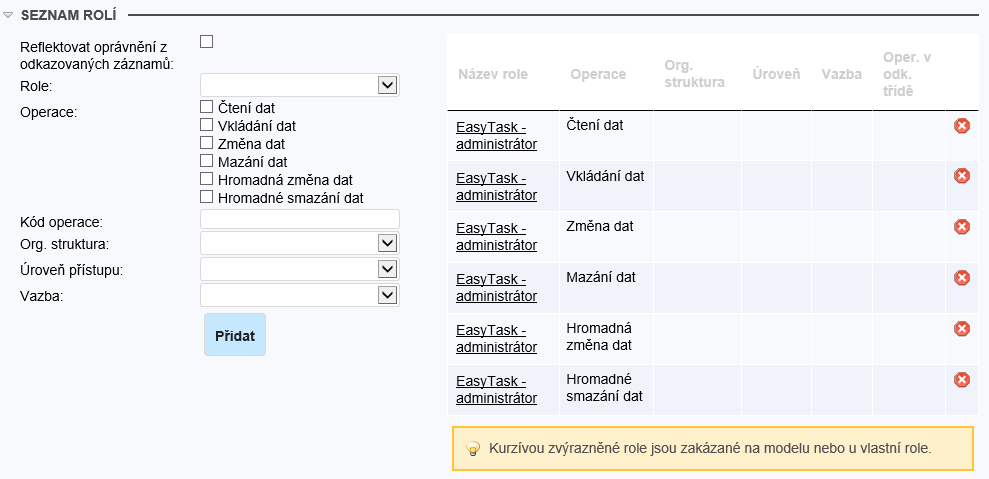 Seznam rolí ve třídě - Systém ObjectGears