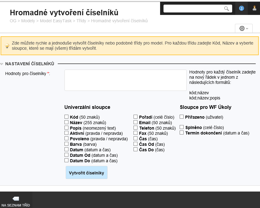 Hromadné vytvoření číselníků. - Systém ObjectGears
