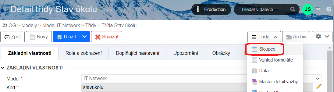 Zobrazení seznamu sloupců - Systém ObjectGears