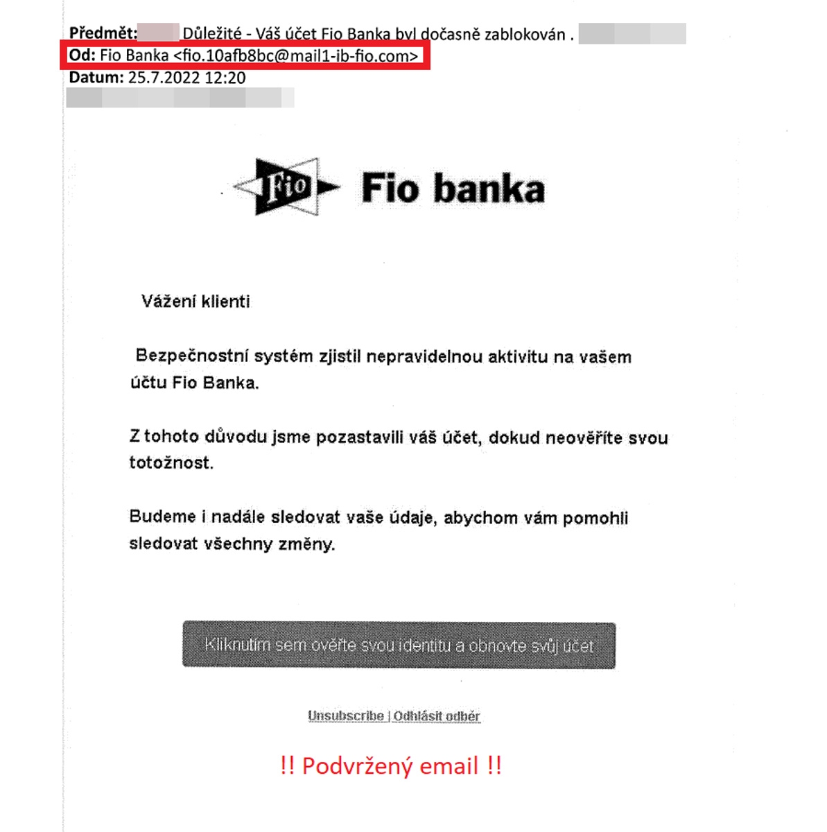 Ukázka phishingového mailu napodobujícího Fio banku - Význam digitálních technologií a jejich rizika