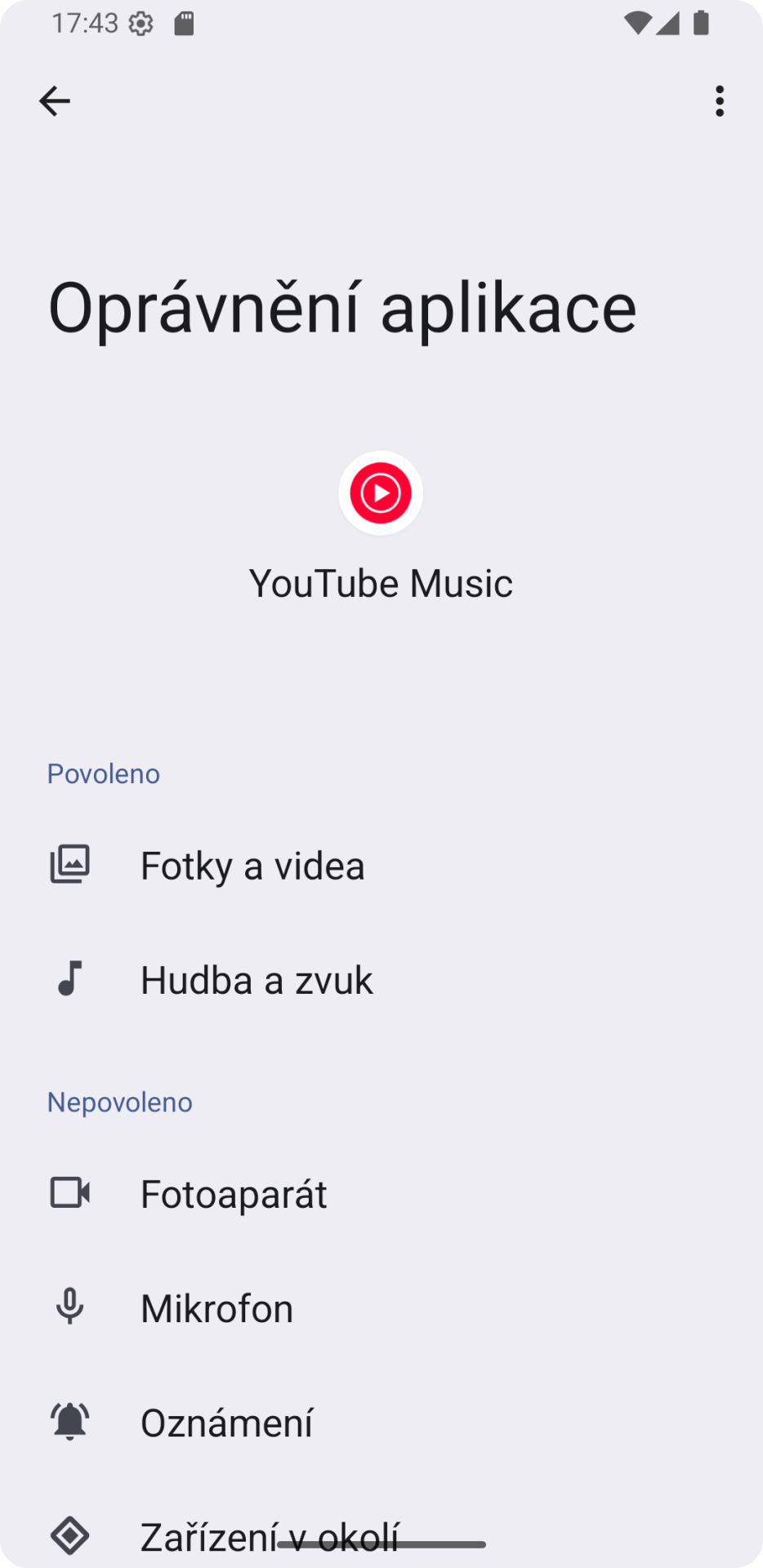 Oprávnění aplikace YouTube Music - Kyberbezpečnost na mobilních zařízeních
