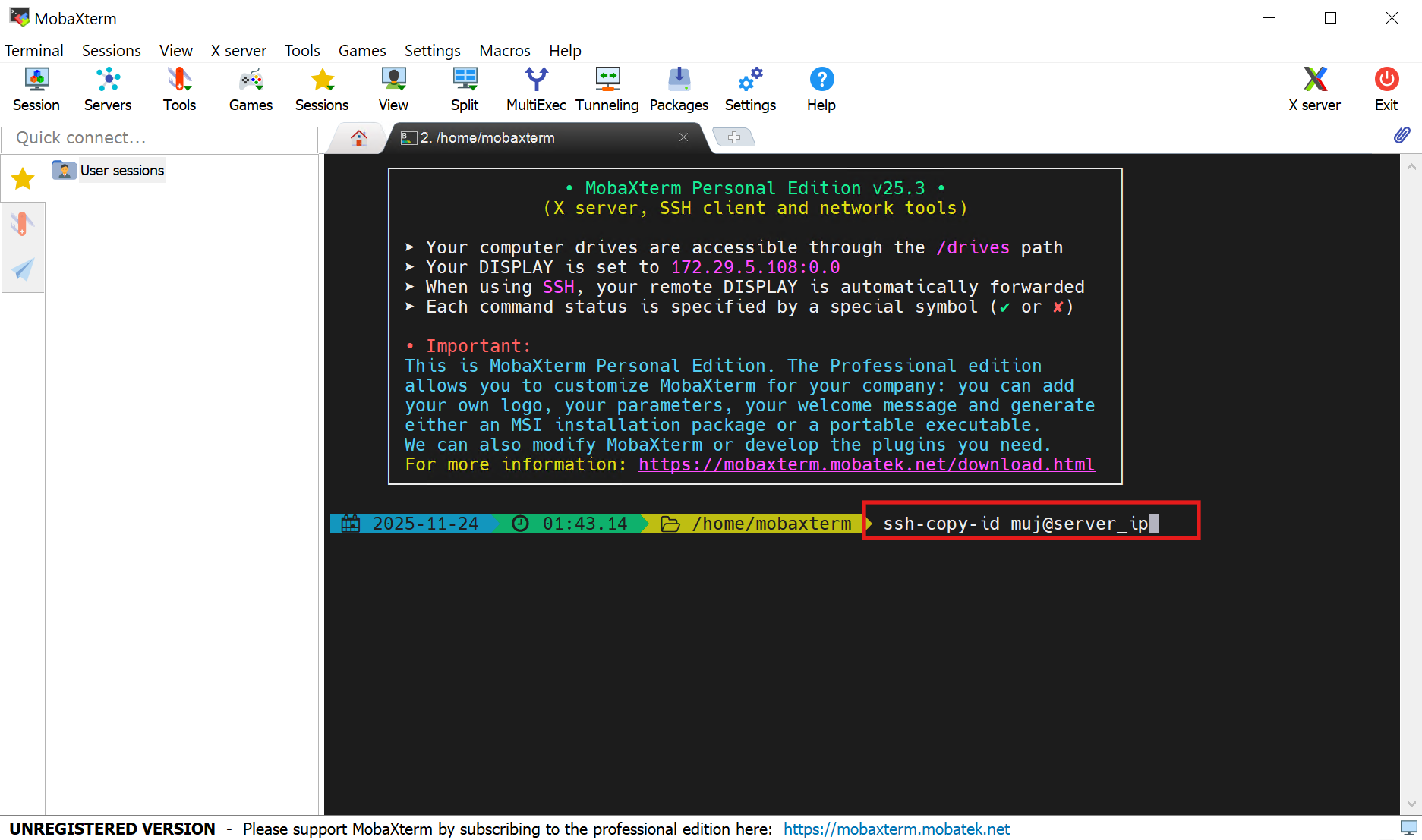 Příkaz ssh-copy-id v terminálu MobaXterm - Provoz počítačových sítí
