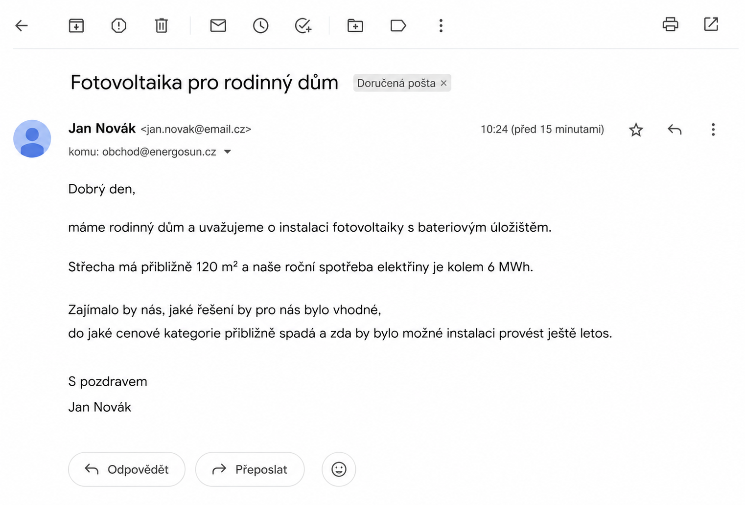 E-mail zákazníka s poptávkou fotovoltaiky a bateriového úložiště - Business AI - Automatizace, asistenti a agenti pro firmy
