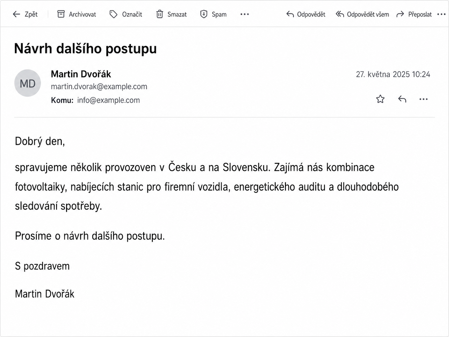E-mail s nestandardní poptávkou na komplexní energetické řešení - Business AI - Automatizace, asistenti a agenti pro firmy