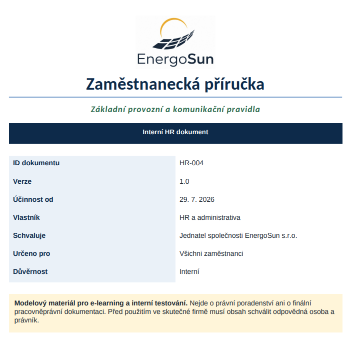 Titulní stránka zaměstnanecké příručky společnosti EnergoSun - Business AI - Automatizace, asistenti a agenti pro firmy