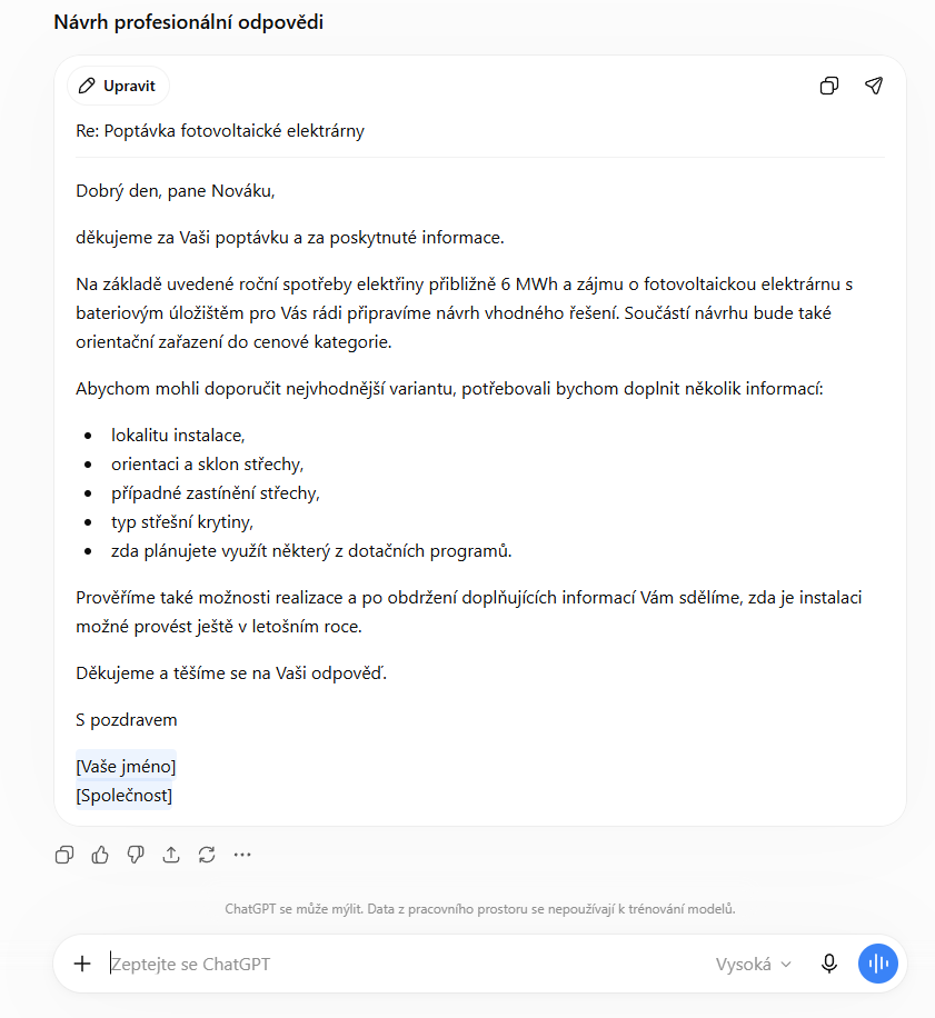 Analýza obchodní poptávky a návrh odpovědi běžného AI chatbota - Business AI - Automatizace, asistenti a agenti pro firmy
