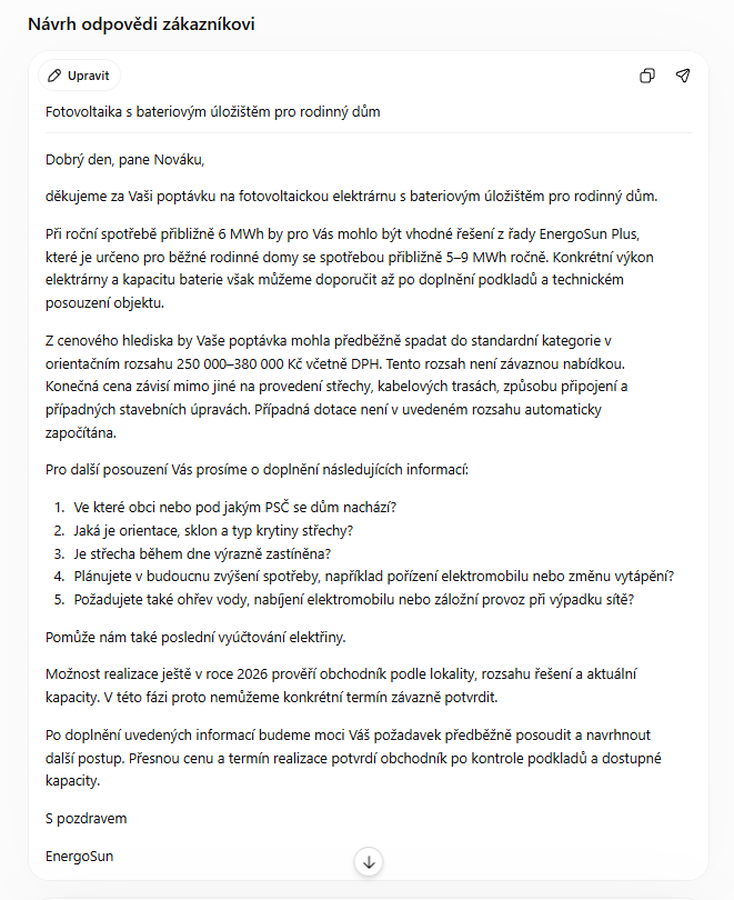 Návrh odpovědi firemního AI asistenta na obchodní poptávku - Business AI - Automatizace, asistenti a agenti pro firmy