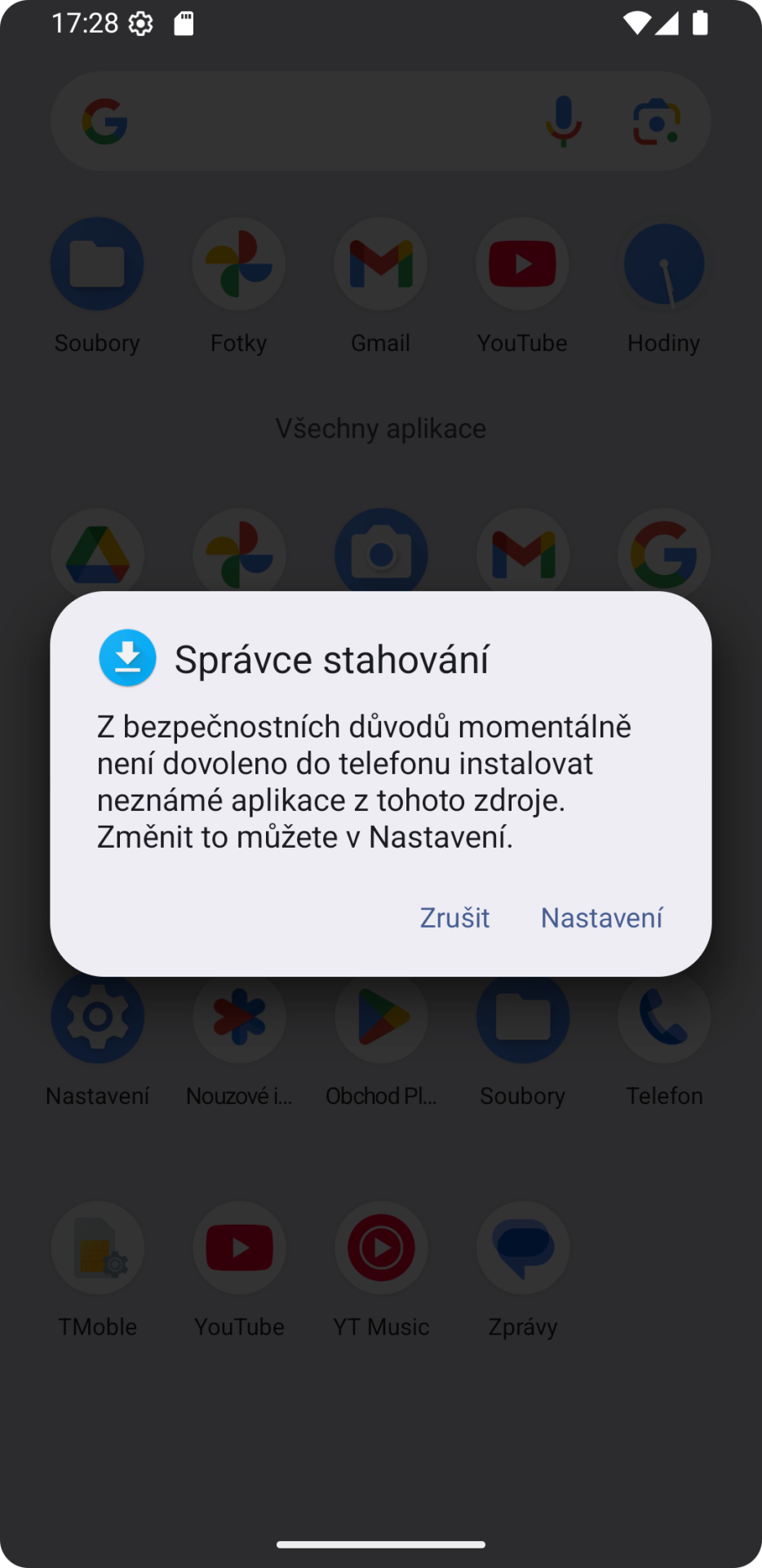 Chybová hláška při pokusu o instalaci neznámé aplikace - Kyberbezpečnost na mobilních zařízeních