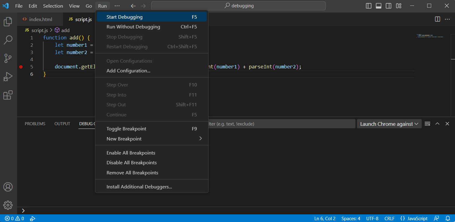 Run and Start debugging - Visual Studio Code, WebStorm a debuggování JS