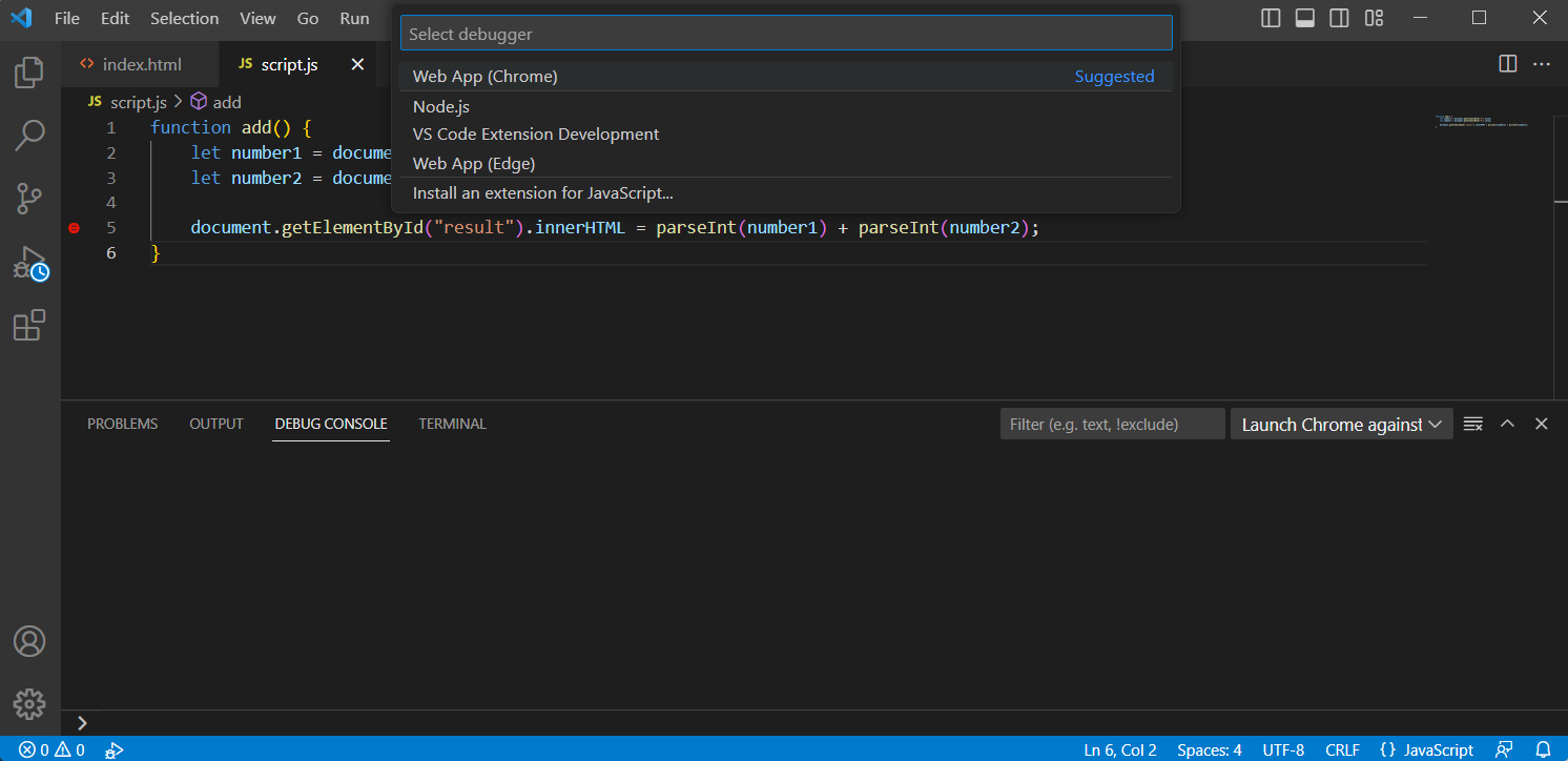 Výběr debuggeru – Web App Chrome - Visual Studio Code, WebStorm a debuggování JS