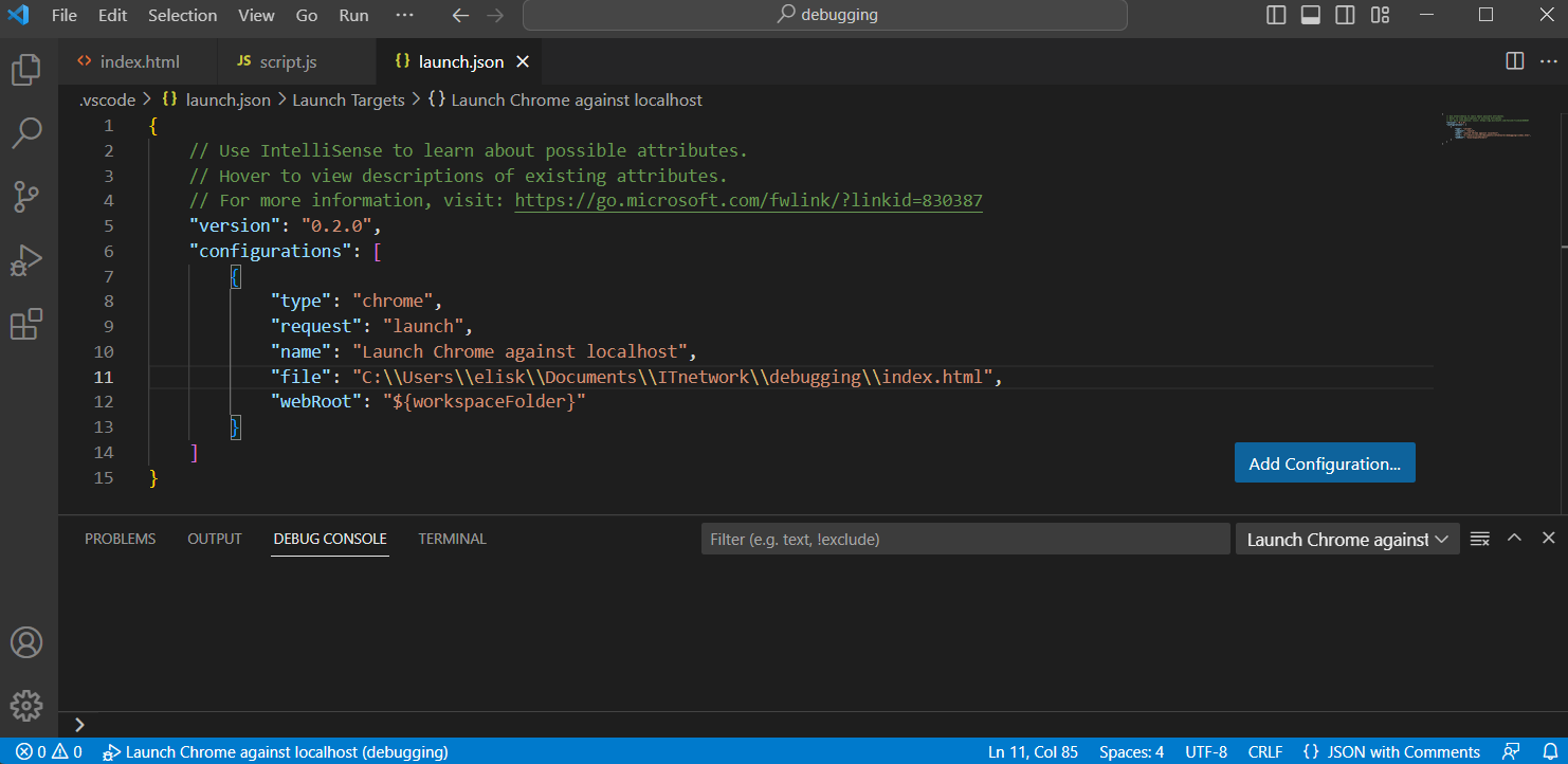 Launch file - Visual Studio Code, WebStorm a debuggování JS