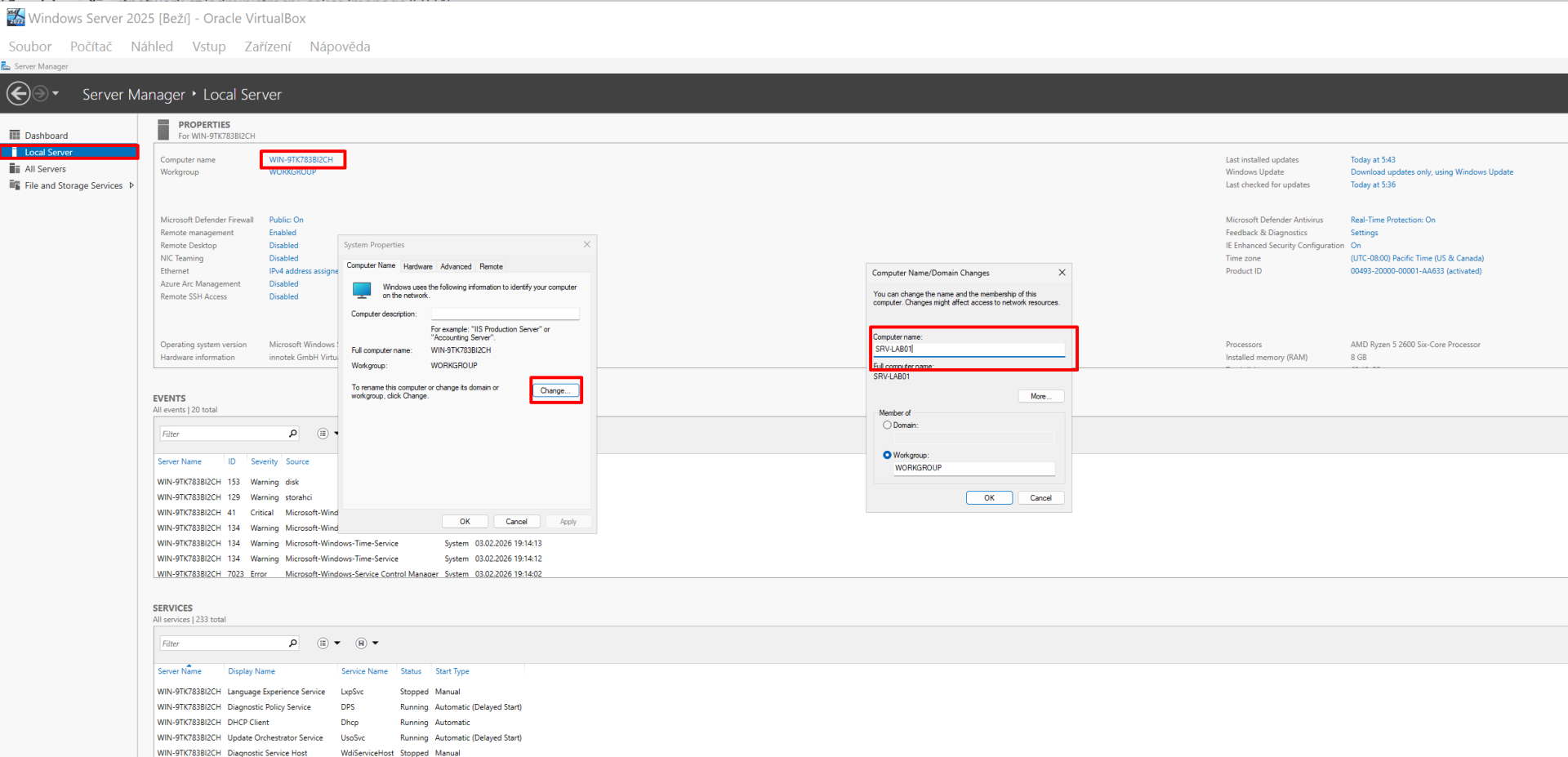 Změna hostname ve Windows Server - Správa serverů a služeb