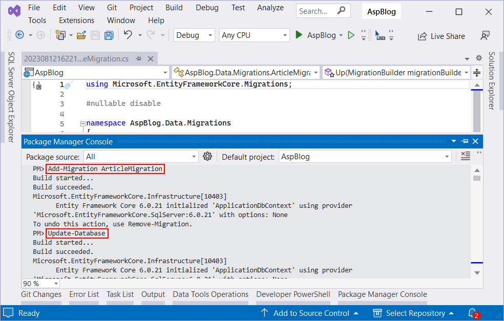 Přidání migrace ArticleMigration ve Visual Studio - Základy ASP.NET Core MVC