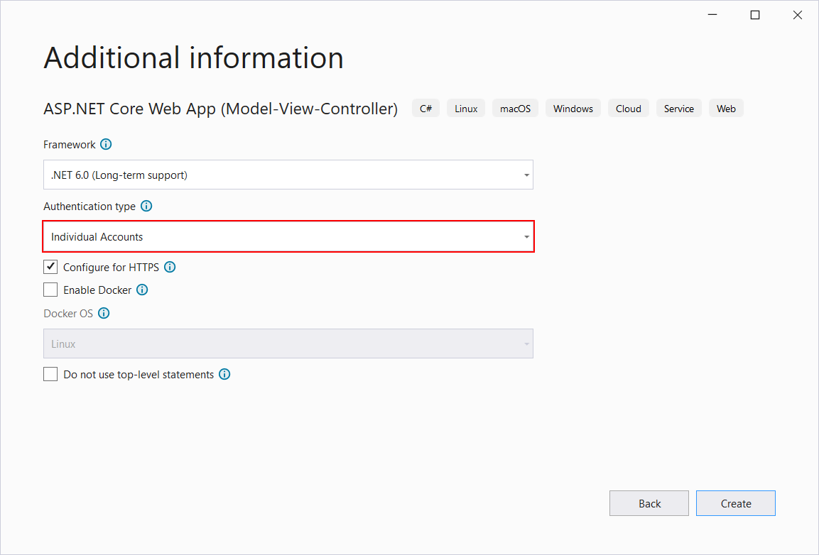 Výběr ověření v ASP.NET Core MVC projektu ve Visual Studio - Základy ASP.NET Core MVC
