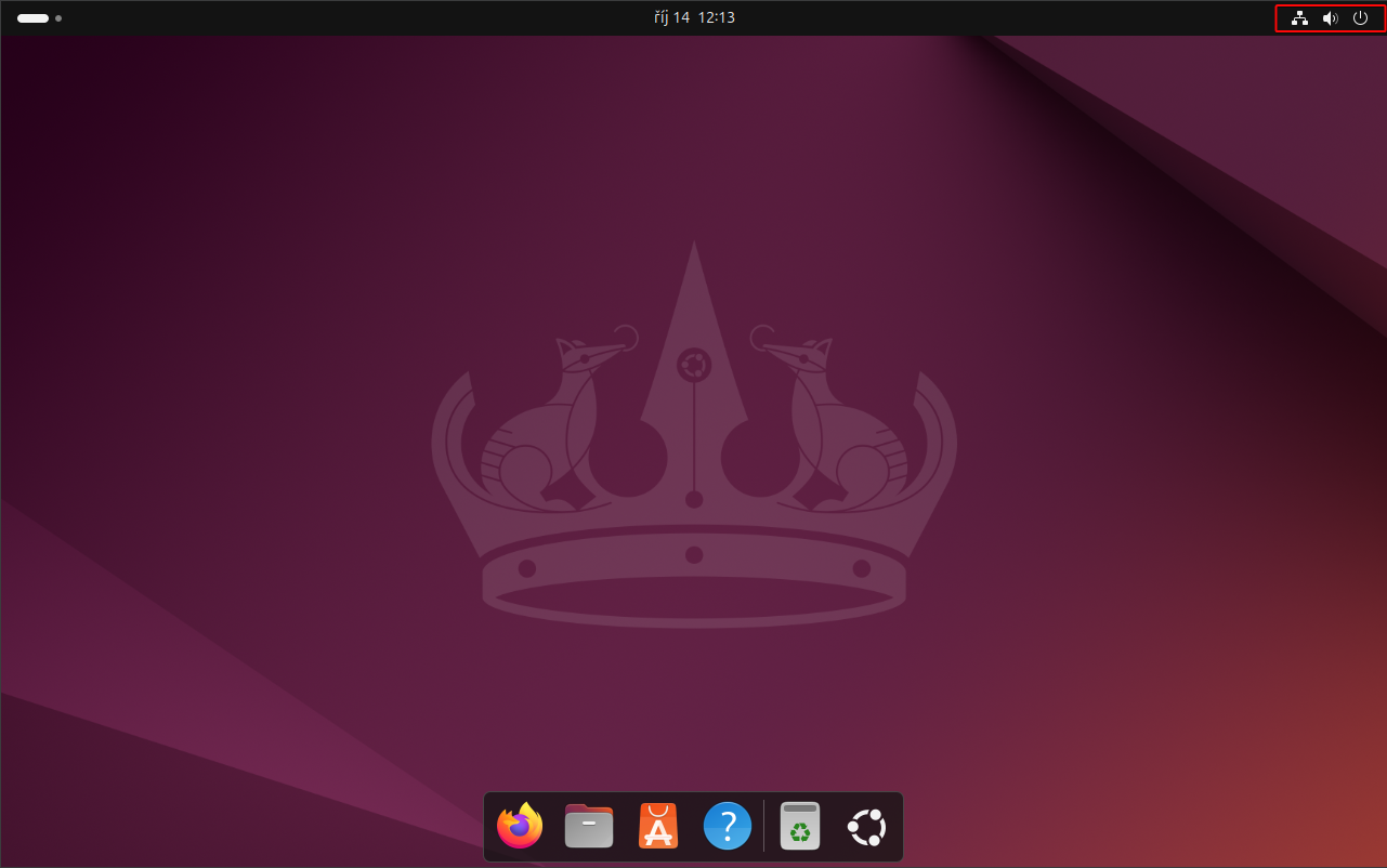 Pracovní prostředí Ubuntu se zvýrazněnými ikonami horní lišty - Základy Linuxu