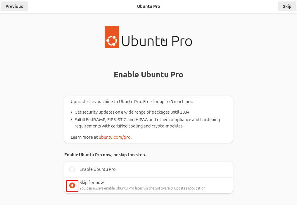 Volba přeskočit aktivaci Ubuntu Pro - Základy Linuxu