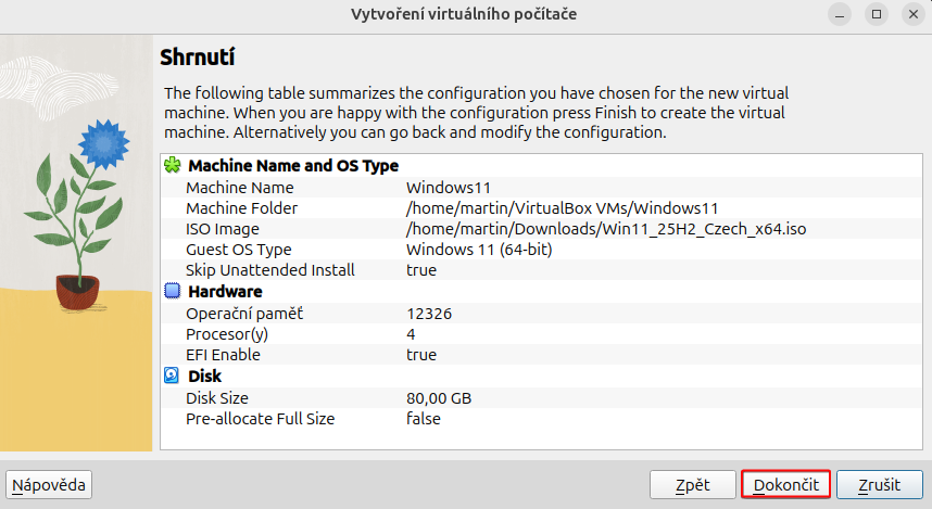 Dokončení vytvoření virtuálního počítače - Základy Linuxu