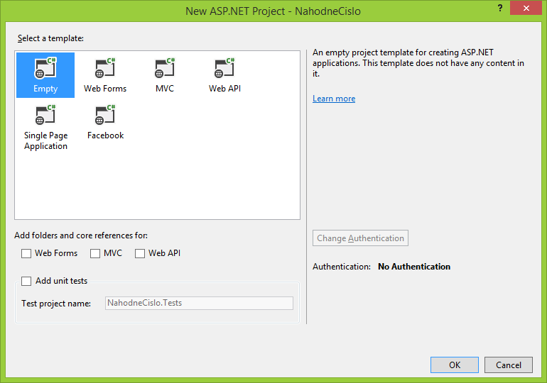Prázdný ASP.NET MVC projekt ve Visual Studio - ASP.NET Web Forms - Webové aplikace v C#