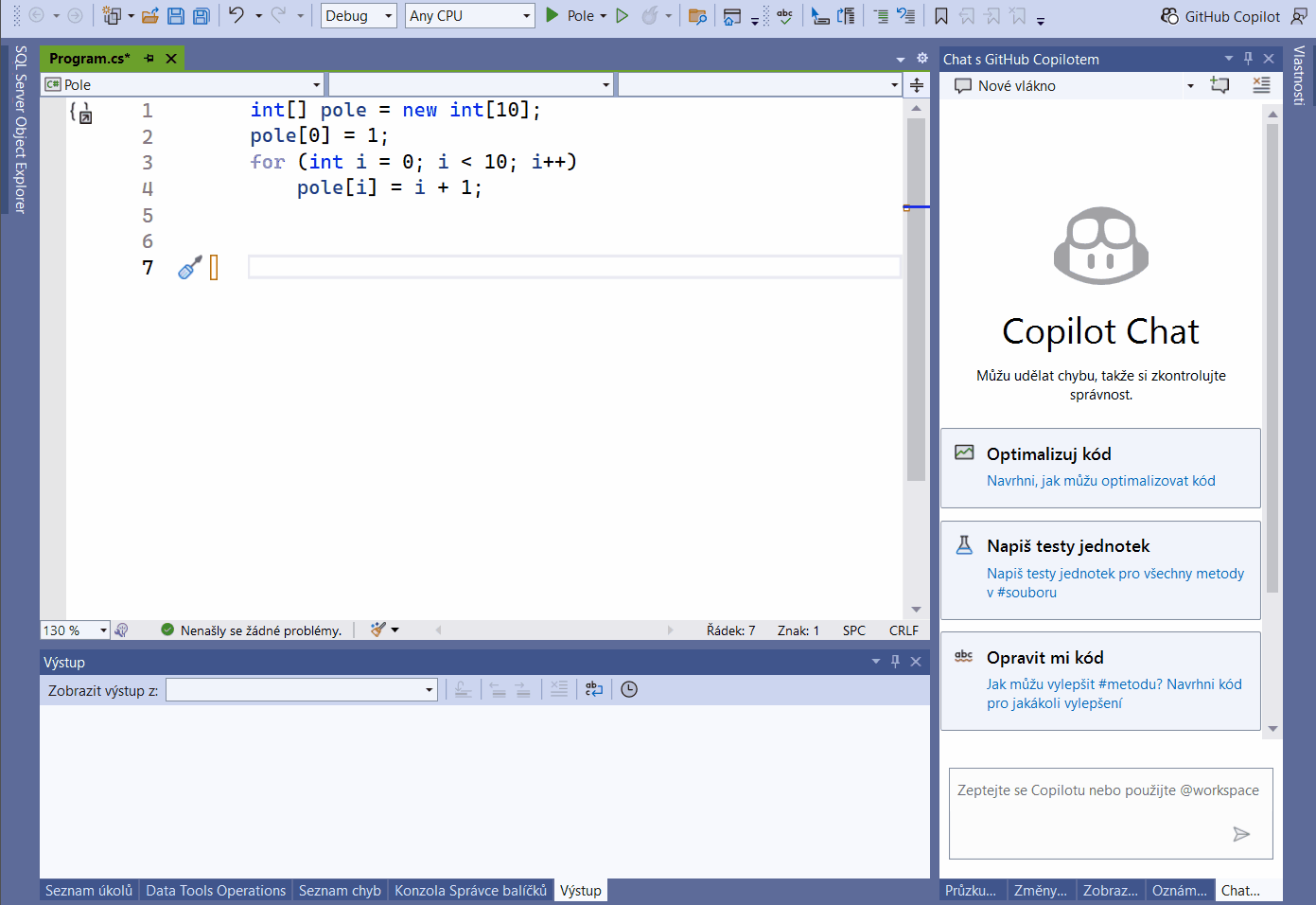 Doplňění foreach cyklu Copilotem - Základní konstrukce jazyka C# .NET