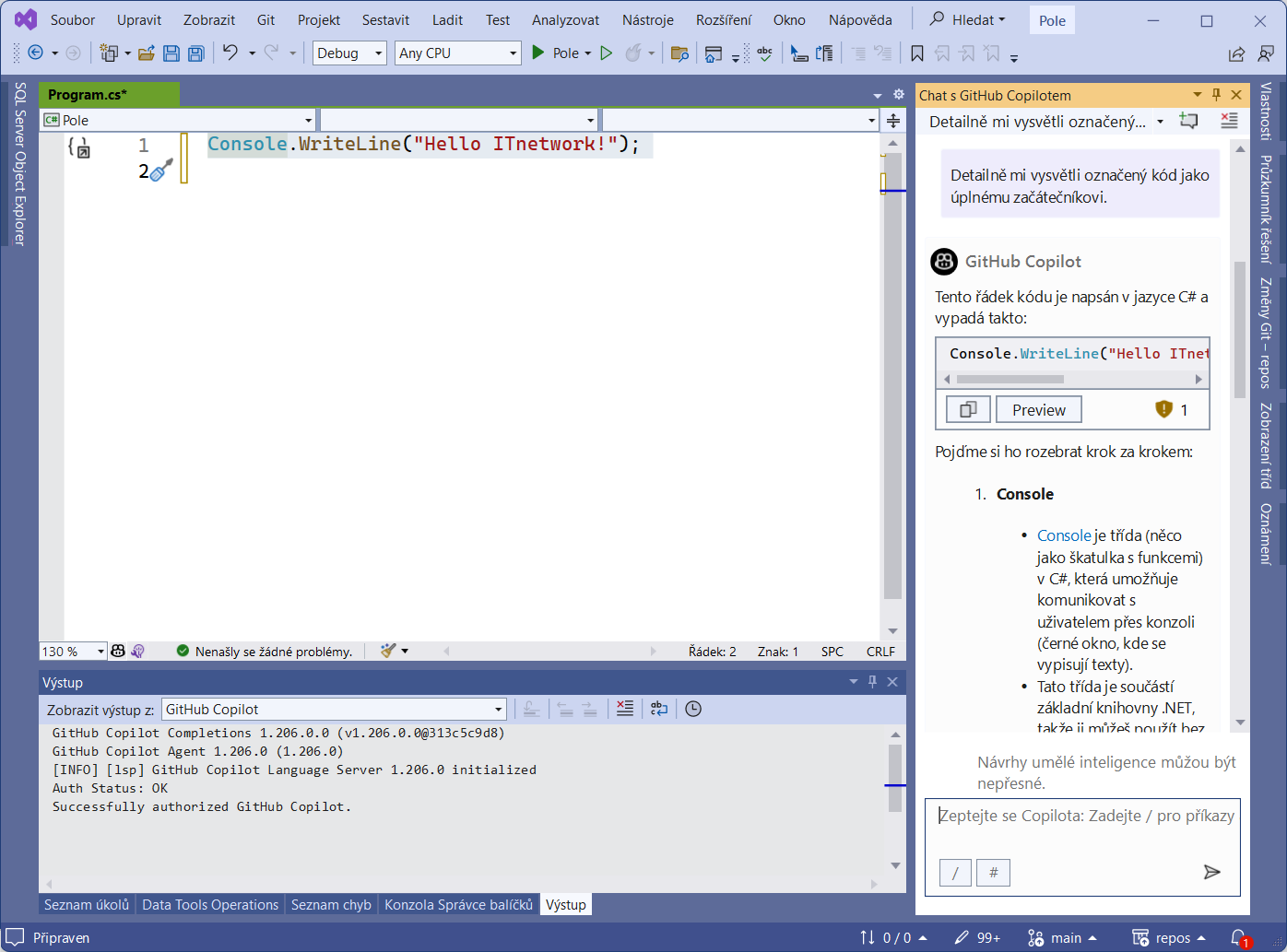 Vysvětlení kódu Copilotem - Základní konstrukce jazyka C# .NET