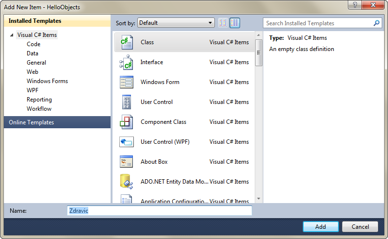 Vytvoření nové třídy v C# ve Visual Studio