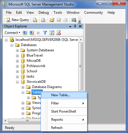 Vytvoření nové tabulky v MS SQL Management Studio - Databáze v C# - ADO.NET