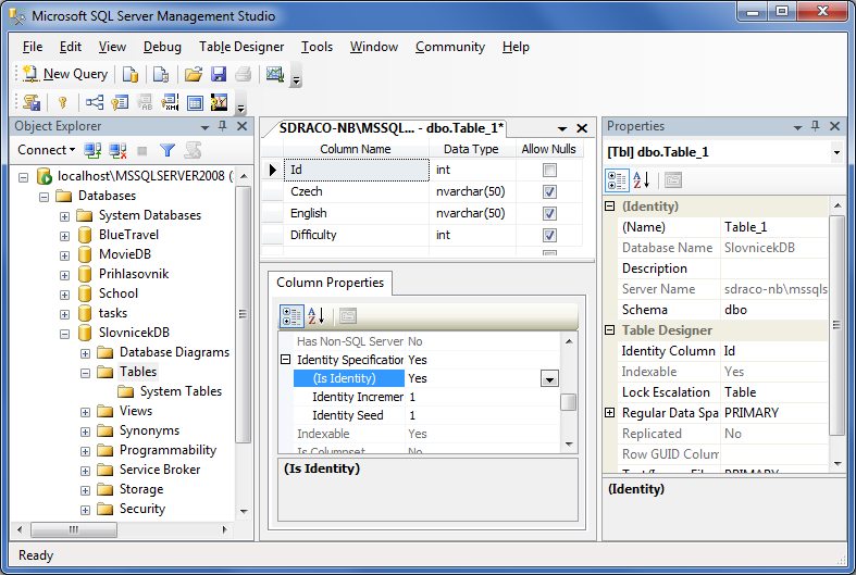 Vytvoření nové tabulky v MS SQL Management Studio - Databáze v C# - ADO.NET