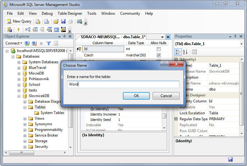 Vytvoření nové tabulky v MS SQL Management Studio - Databáze v C# - ADO.NET