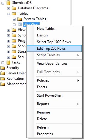 Vložení dat do tabulky v SQL Management Studio k MS-SQL databázi - Databáze v C# - ADO.NET