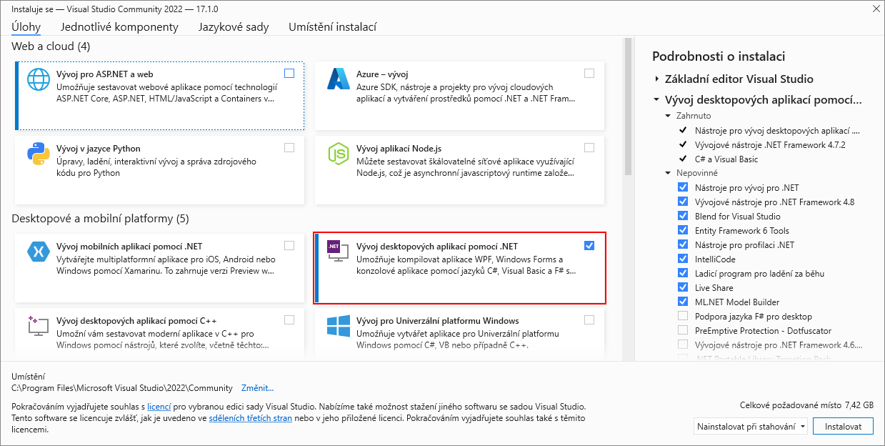 Instalace Visual Studio pro desktopový vývoj - Základní konstrukce jazyka C# .NET